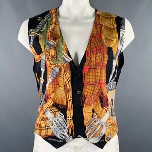 TED SALUTO Size L Black Multi Color Print Silk Buttoned Vest